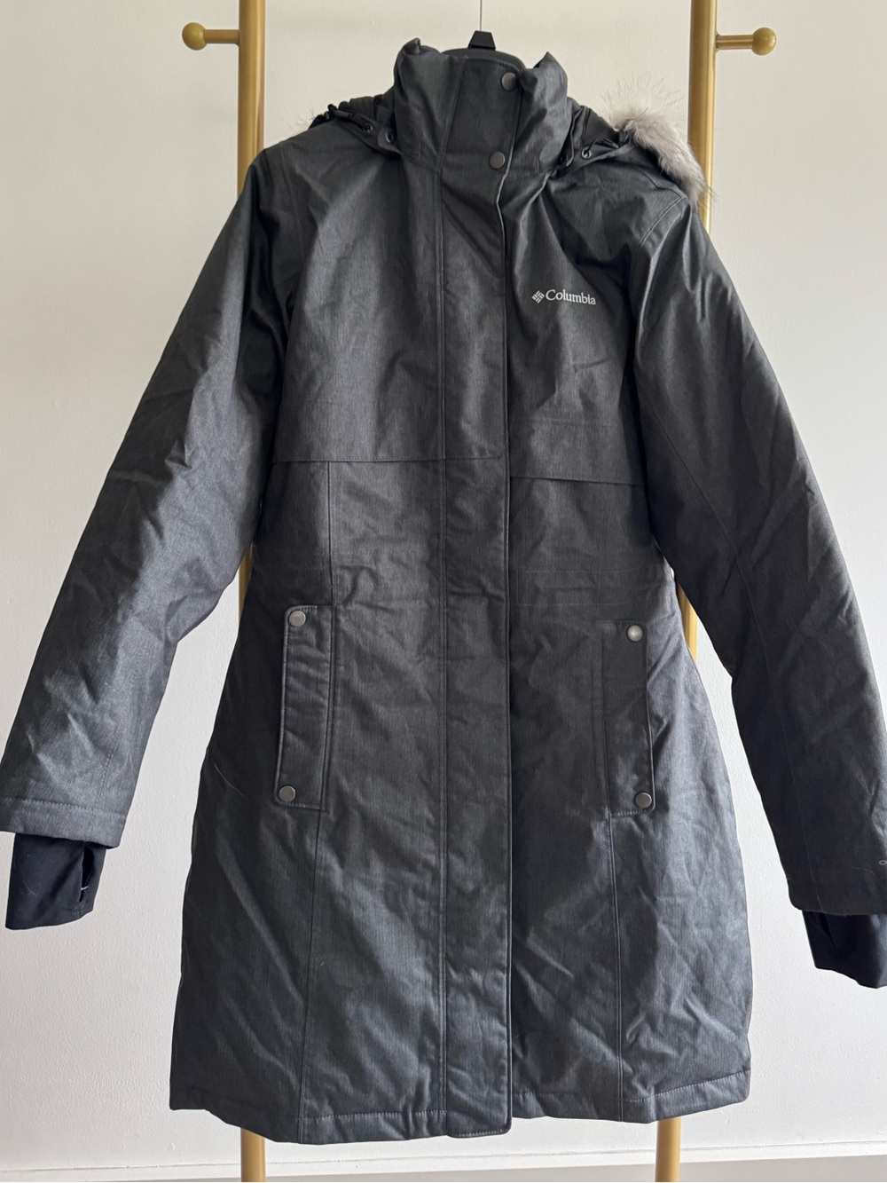 Columbia Women's Charcoal Black Long Ski Jacket with Faux Fur Trim